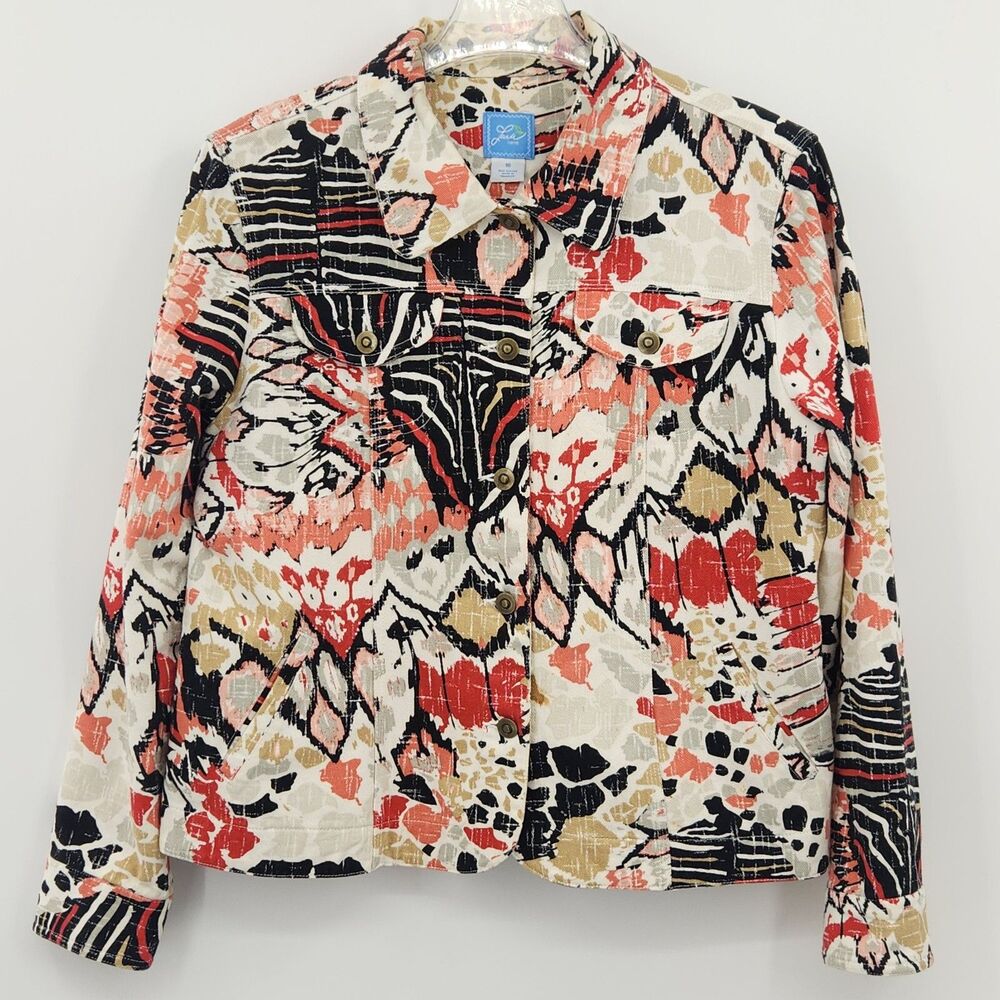 Lark Lane Denim Jean Jacket Womens Size 16 Multicolor Art To Wear Animal Print
